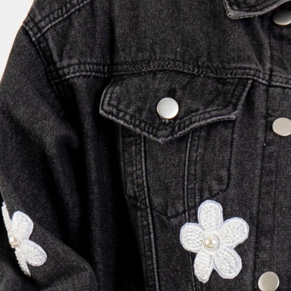 Bluevelvet Black Floral Patch Button Down Denim Jean Jacket - Picture 2 of 6